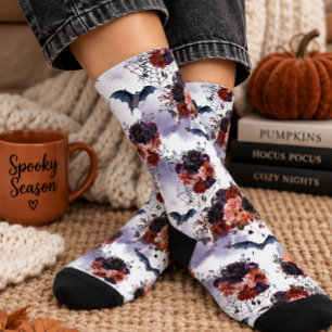 Calcetines Acuarela de murciélago floral de Halloween