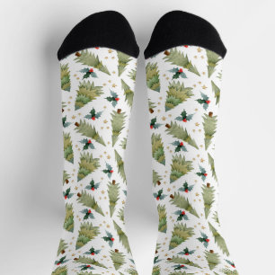 Calcetines Acuarela festiva Navidad Árboles Holly Patrón