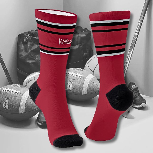 Calcetines Add Name Black & Grey Stripes on Dark Red Socks (Subido por el creador)
