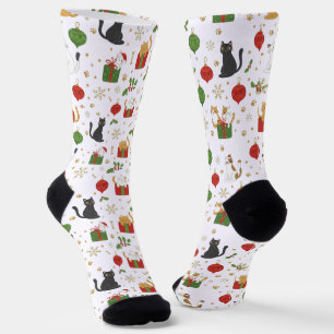 Calcetines Adornos Navideños de Gato Negro Festivo y Copo de