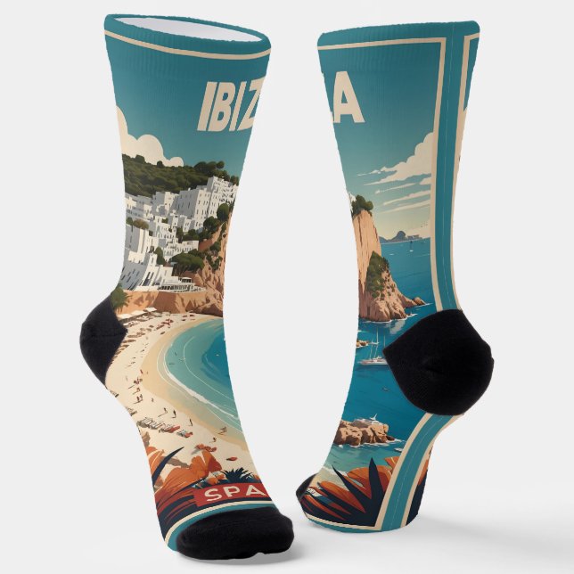 Calcetines Afiche de viajes de Ibiza, España (Angular)