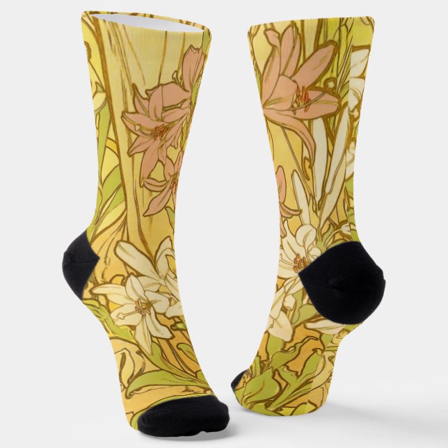 Calcetines Alfonse Mucha Flores de lirio Art Nouveau (Angular)