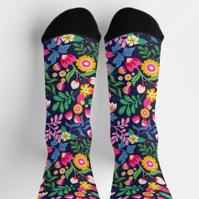Calcetines All Over Black Background With Flowers (Arriba)