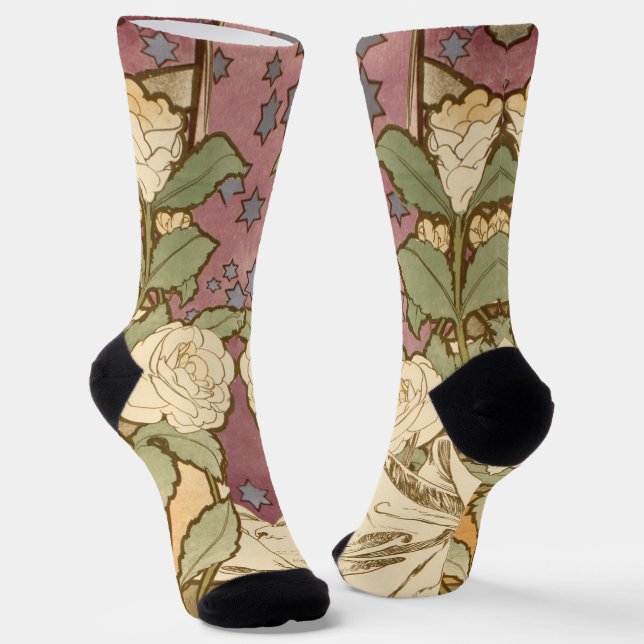 Calcetines Alphonse Mucha Elegant Art Nouveau Stars Camellia  (Angular)