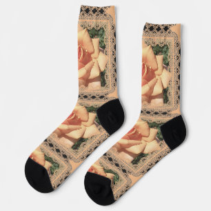 Calcetines altos para mujeres con rosas beige melo