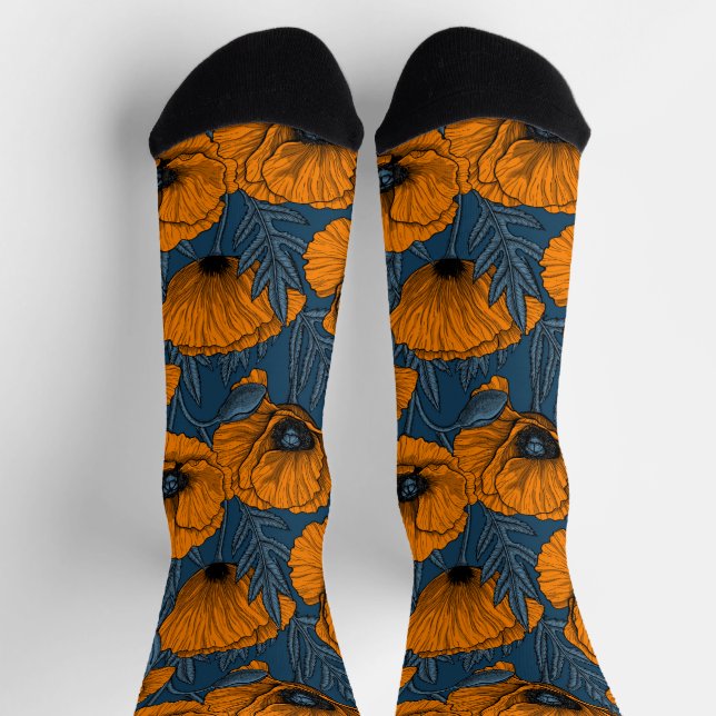 Calcetines Amapolas naranjas sobre azul oscuro (Arriba)