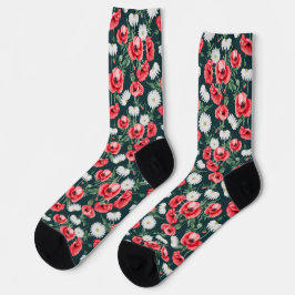 Calcetines Amapolas rojas sobre verde oscuro