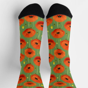 Calcetines Amapolas Rojas Vibrantes Patrón sobre un Fondo Ver