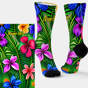 Calcetines Añadir nombre, flores y hojas tropicales estilizad