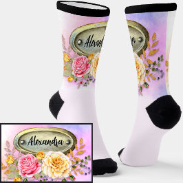 Calcetines Añadir nombre, Rosas florales con pinta de placa c
