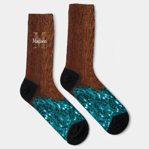 Calcetines Aqua azul brillante madera marrón rústica Monogram