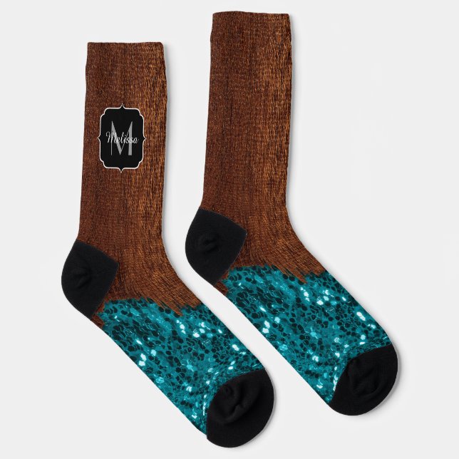 Calcetines Aqua azul brillante madera marrón rústica Monogram (Derecha)