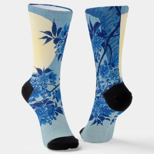 Calcetines Árbol azul iluminado por luna de miel: Noche japon