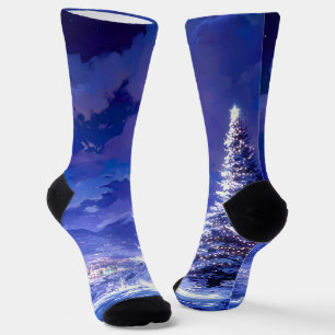 Calcetines Árbol de Navidad brillante paisaje de montaña neva