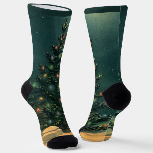 Calcetines Árbol de Navidad vintage por la noche con luces y