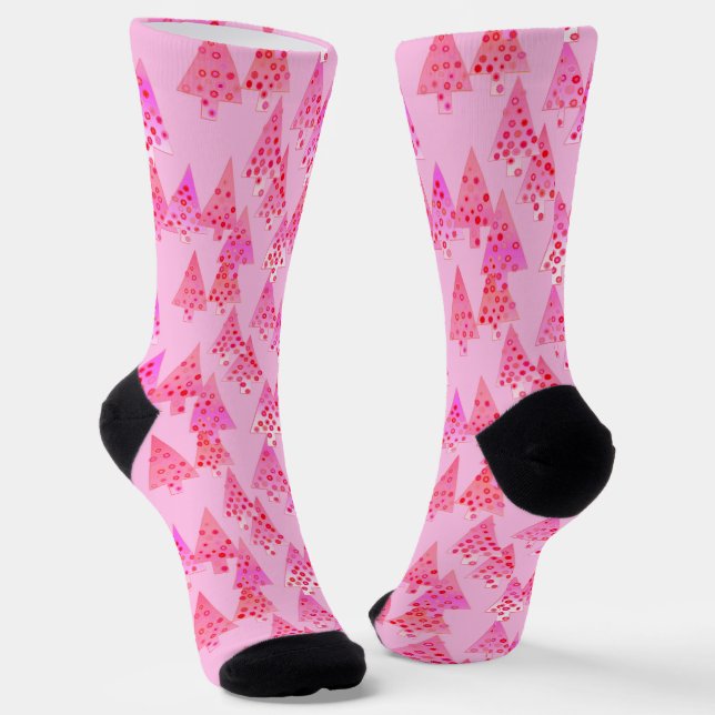 Calcetines Árboles de Navidad retro moderno, rosa pastel (Angular)