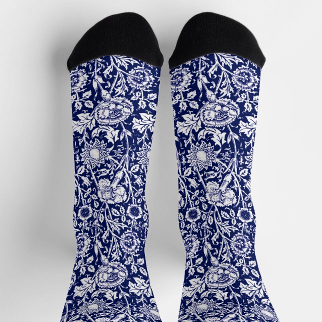 Calcetines Art Nouveau Carnation Damask, Navy Blue and White (Arriba)