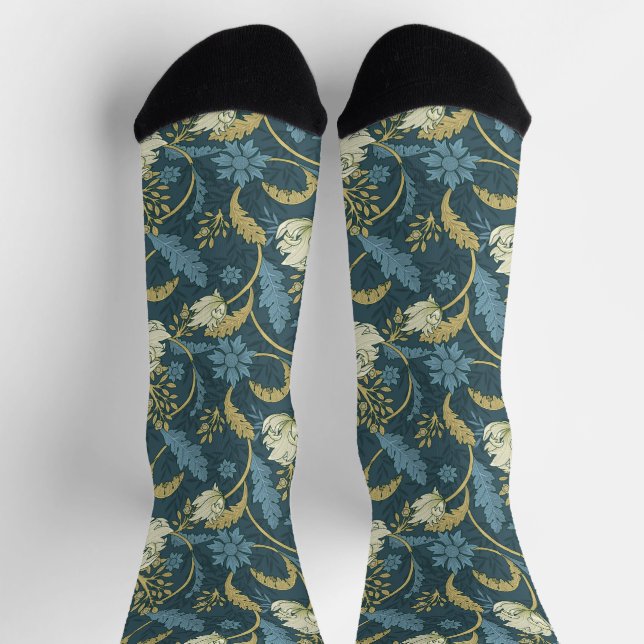 Calcetines Art Nouveau floral azul y crema (Arriba)