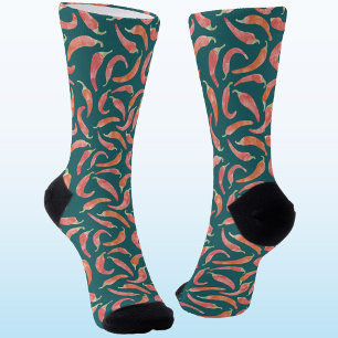 Calcetines Arte Acuarela Pimiento Rojo Verde Teal