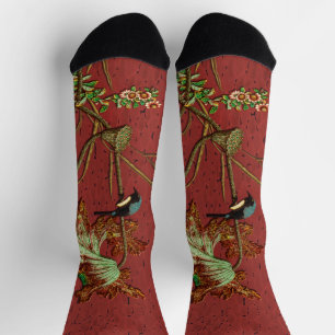 Calcetines Arte de Loto de Pájaro Japonés Rojo Antiguo G.A. A