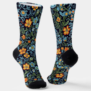 Calcetines Arte floral intrincado: flores azules y naranjas