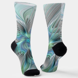 Calcetines Arte fractal de fantasía de mariposa azul verde ab