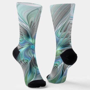 Calcetines Arte fractal de fantasía de mariposa azul verde ab