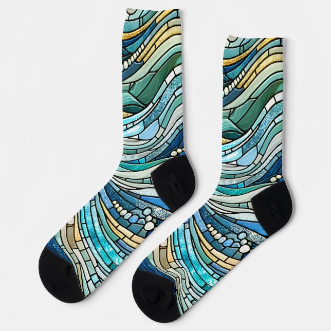 Calcetines Arte Mosaico Verde Turquesa Mar de Olas (Izquierda)
