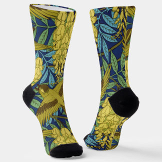 Calcetines Azul Marino Antiguo Pájaro y Patrón Floral Amarill