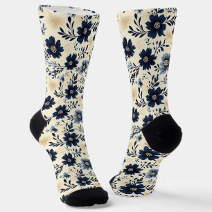 Calcetines Azul Marino Y Crema Arte Popular Floral Jardín