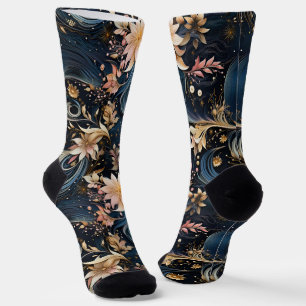 Calcetines Azul Marino Y Dorado Floral Vintage Elegante