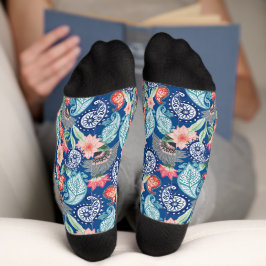 Calcetines Azul Real Turquesa Naranja Floral Vintage Paisley