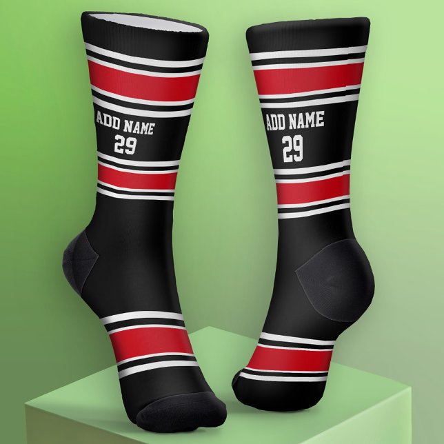 Calcetines Bandas de Jersey Black and Red Sport - Número de n (Custom Sport Socks - Add Jersey Name and Number)