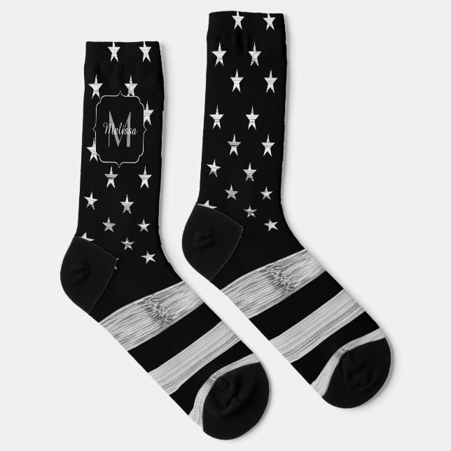 Calcetines Bandera estadounidense Rustic Wood Black White Ame (Derecha)