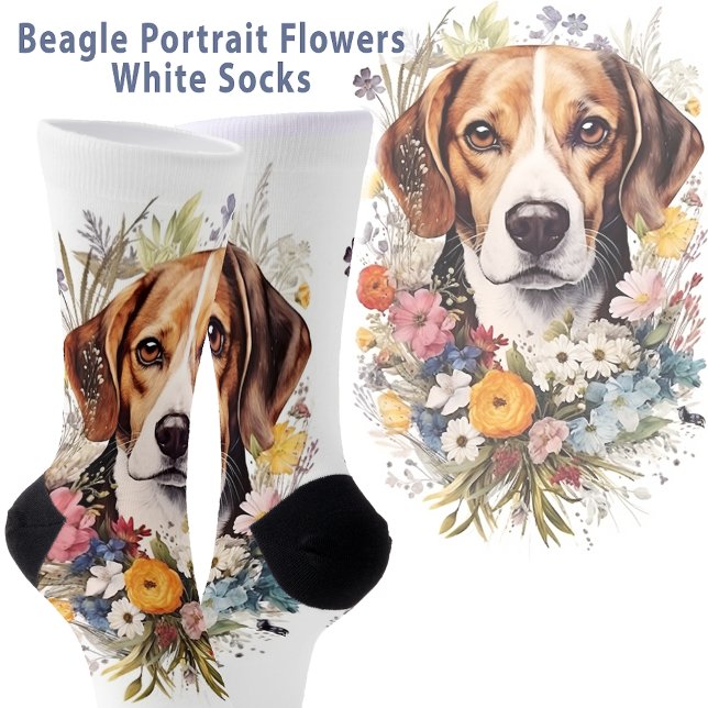 Calcetines Beagle Portrait Flowers White (Beagle Portrait Flowers White Socks)