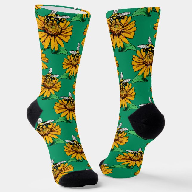 Calcetines Bee on Sunflower Flower Pattern Design Green  (Angular)