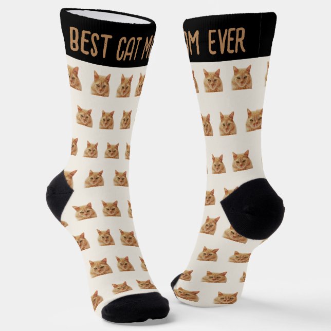 Calcetines Best Cat Mom Ever Pet Head Photo Pattern Ivory (Angular)