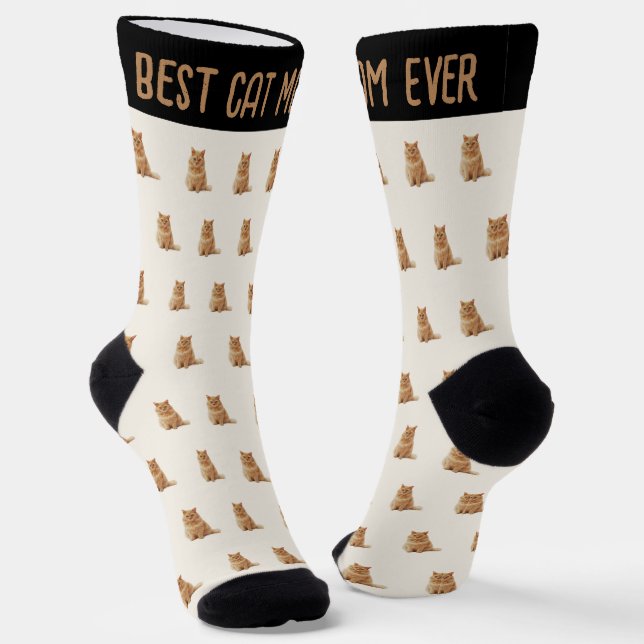 Calcetines Best Cat Mom Ever Pet Photo Pattern Ivory (Angular)