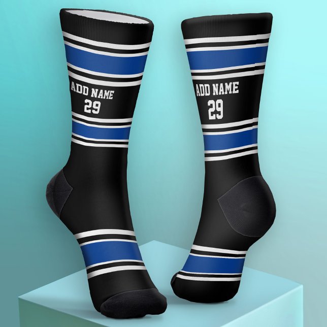 Calcetines Black and Blue Sport Jersey - Número de nombre (Custom Sport Socks - Add Jersey Name and Number)