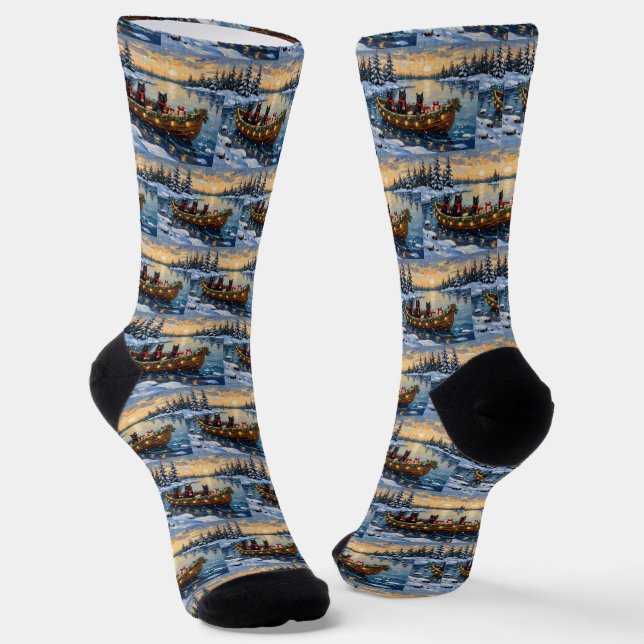 Calcetines Black Cat Christmas Boat Holiday (Angular)