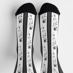 Calcetines Blanco y negro gris vintage rayado con rosas