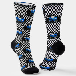 Calcetines Blue Race Car - Deportes de tablero de ajedrez