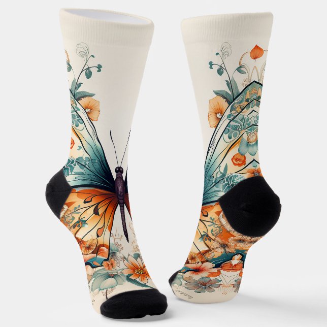 Calcetines Boho Floral Blossom Butterfly Meadow Watercolor (Angular)