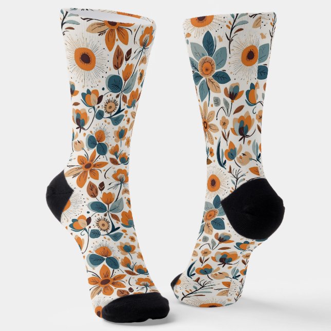 Calcetines Boho Folk Art Wildflower Meadow Rust Teal Floral (Angular)