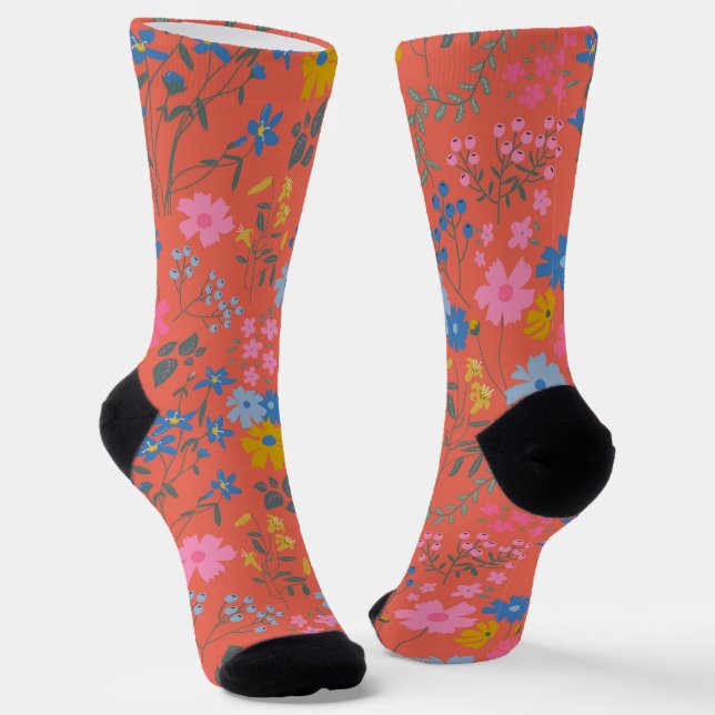 Calcetines Boho Rojo Floral Botánico Moderno (Angular)