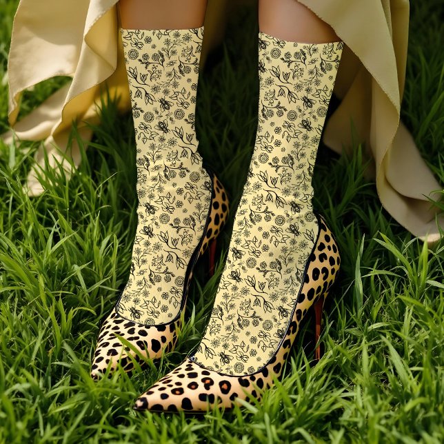 Calcetines Boho Summer Floral Honey Patrón de Abeja Amarillo (Subido por el creador)