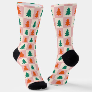 Calcetines Bonito Árboles de Navidad Patrón verde rosa retro