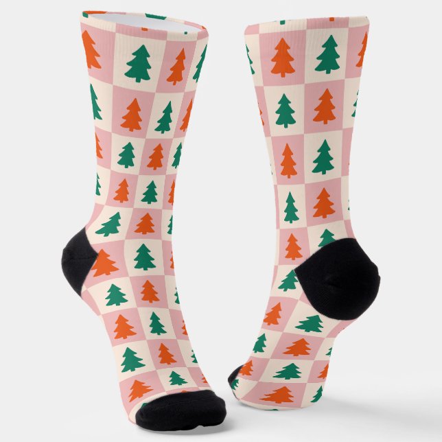 Calcetines Bonito Árboles de Navidad Patrón verde rosa retro (Angular)
