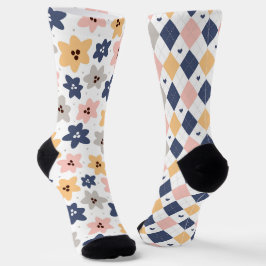 Calcetines Bonito Floral Y Argyle Diamond Pattern Diamante Di
