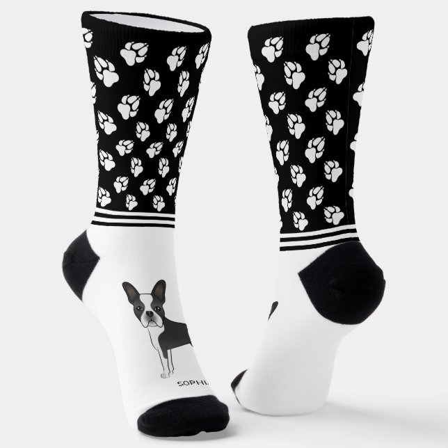 Calcetines Boston Terrier Blanco Y Negro Con Nombre Y Palas (Angular)